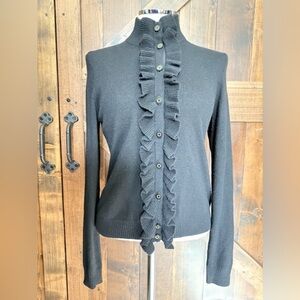 Tory Burch Black Ruffled Button Up Mock Turtleneck Cardigan Sweater Size Medium